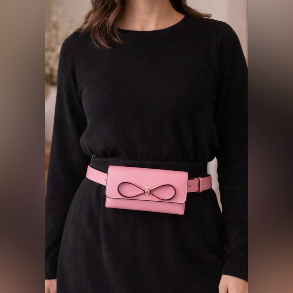 KATE SPADE Pink Studded Bow Light Pink Leather Adjustable Belt Bag S/M NEW $108